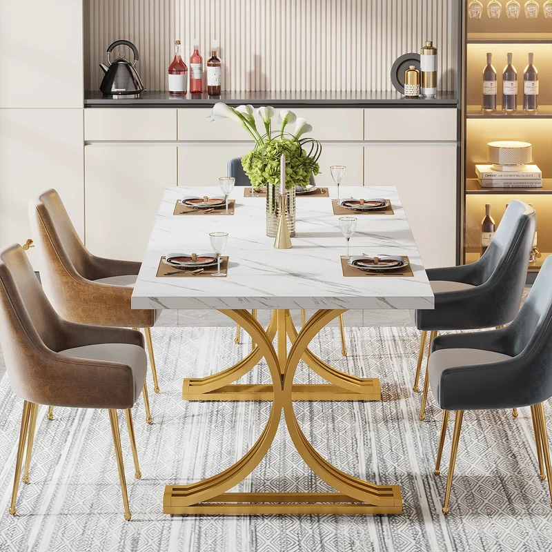 Table de salle à manger Louise — finition blanche, marbre, design contemporain, rectangulaire