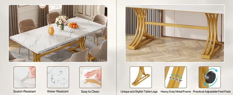 Table de salle à manger Louise — finition blanche, marbre, design contemporain, rectangulaire