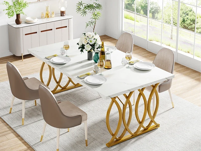 Table de salle à manger Louise — finition blanche, marbre, design contemporain, rectangulaire