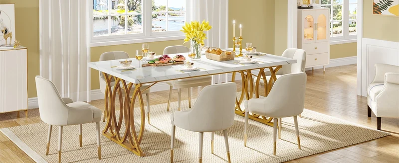 Table de salle à manger Louise — finition blanche, marbre, design contemporain, rectangulaire