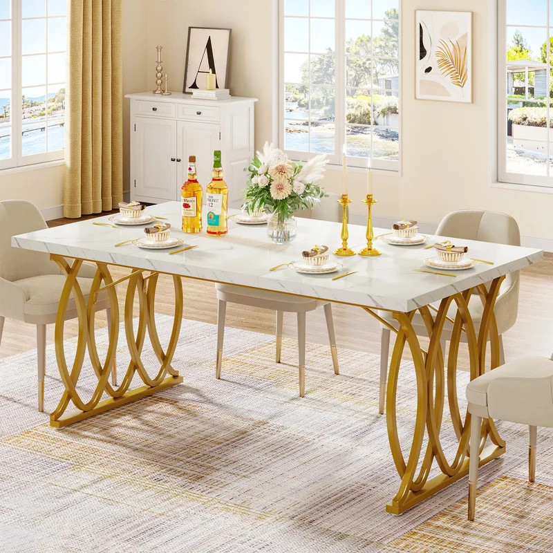 Table de salle à manger Louise — finition blanche, marbre, design contemporain, rectangulaire