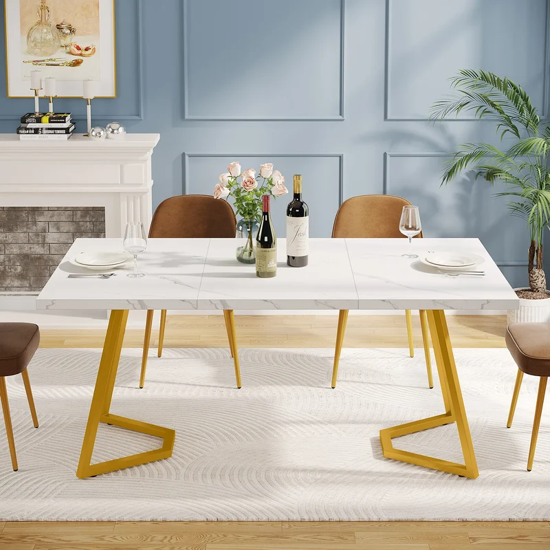 Table de salle à manger Louise — finition blanche, marbre, design contemporain, rectangulaire