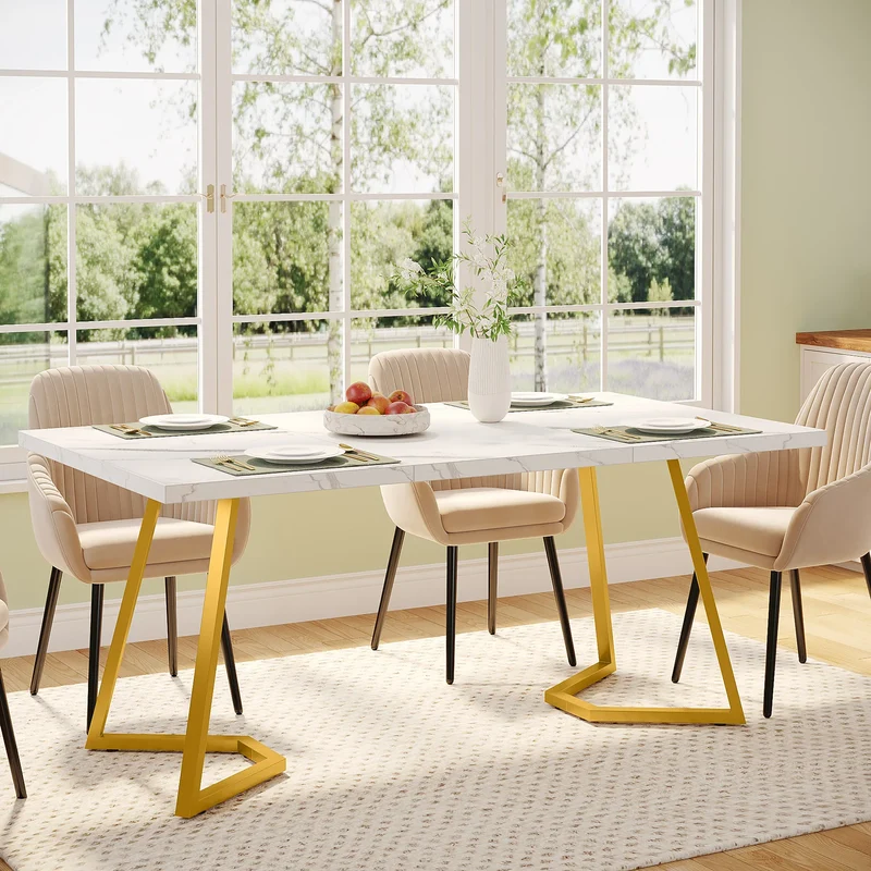 Table de salle à manger Louise — finition blanche, marbre, design contemporain, rectangulaire