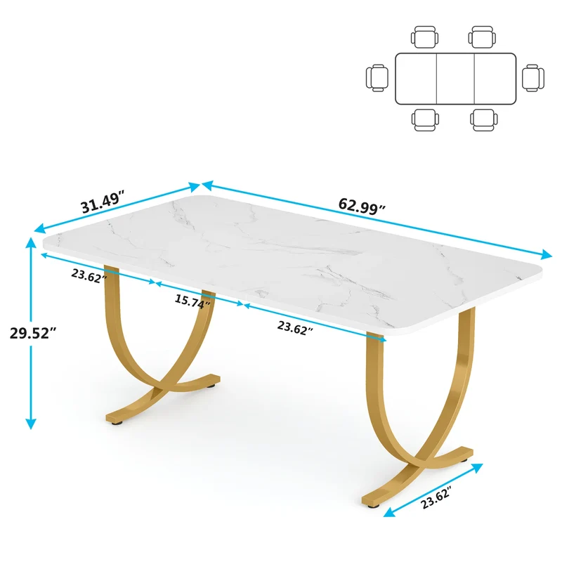 Table de salle à manger Louise — finition blanche, marbre, design contemporain, rectangulaire
