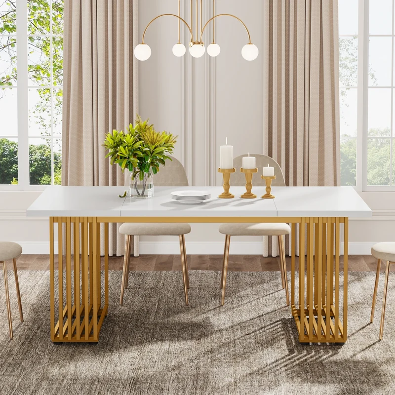 Table de salle à manger Louise — finition blanche, marbre, design contemporain, rectangulaire