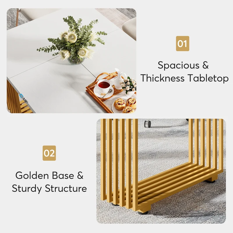 Table de salle à manger Louise — finition blanche, marbre, design contemporain, rectangulaire