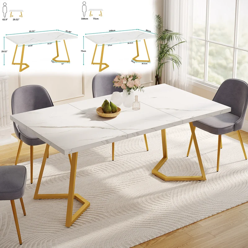 Table de salle à manger Louise — finition blanche, marbre, design contemporain, rectangulaire