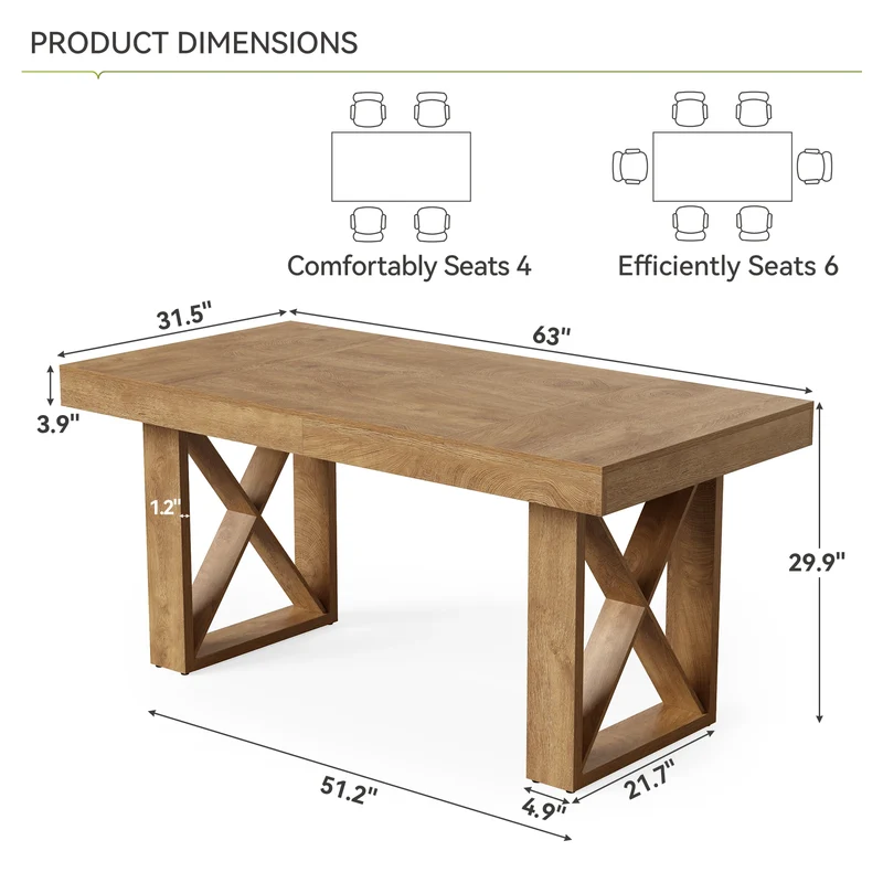 Table de salle à manger Justine — finition marron, style rustique, rectangulaire