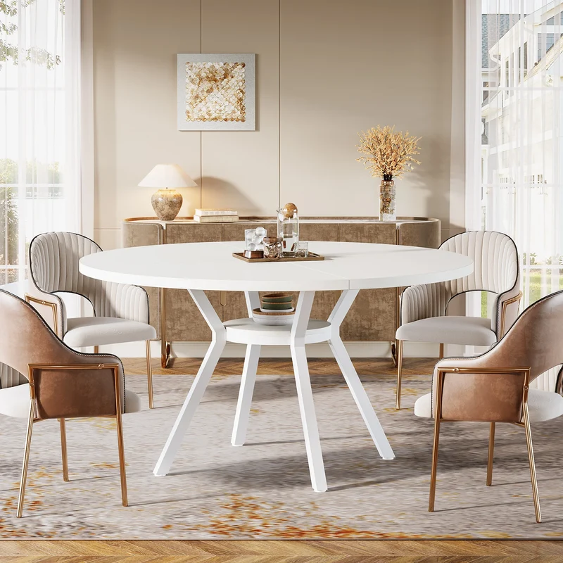 Table de salle à manger Jonathan — bois, métal, rangement intégré, ronde