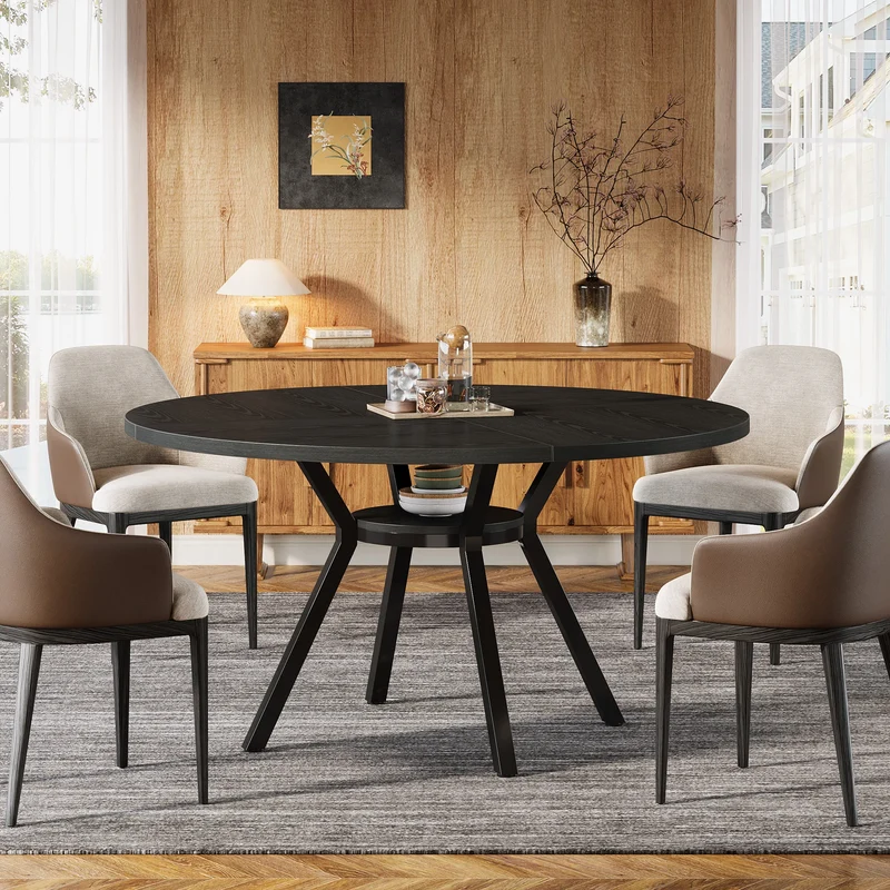 Table de salle à manger Jonathan — bois, métal, rangement intégré, ronde