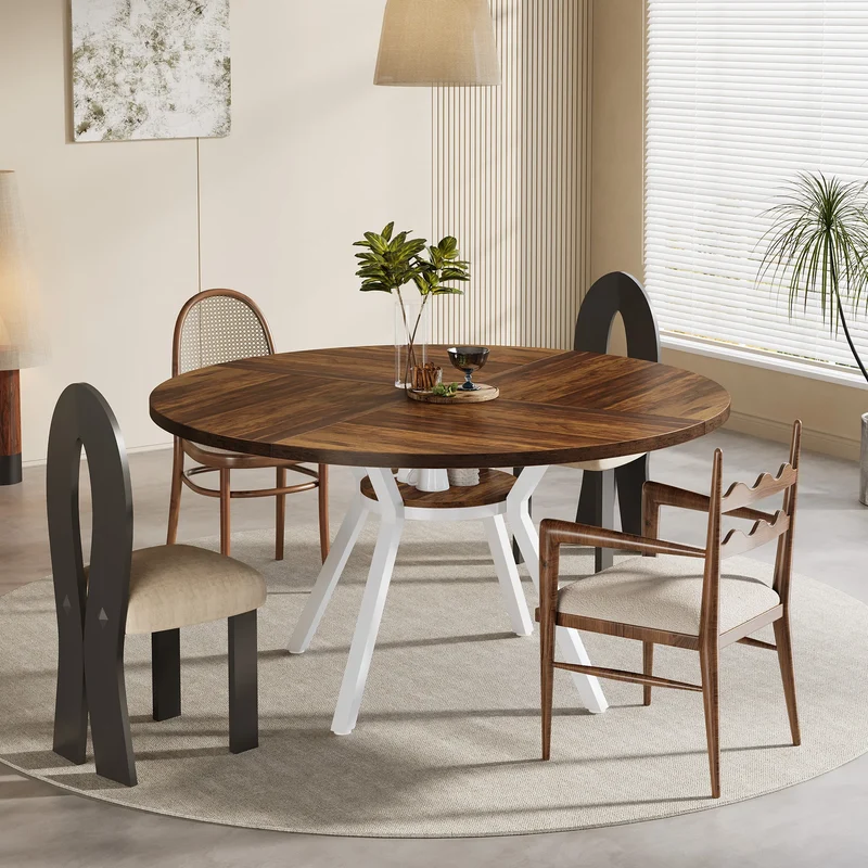 Table de salle à manger Jonathan — bois, métal, rangement intégré, ronde