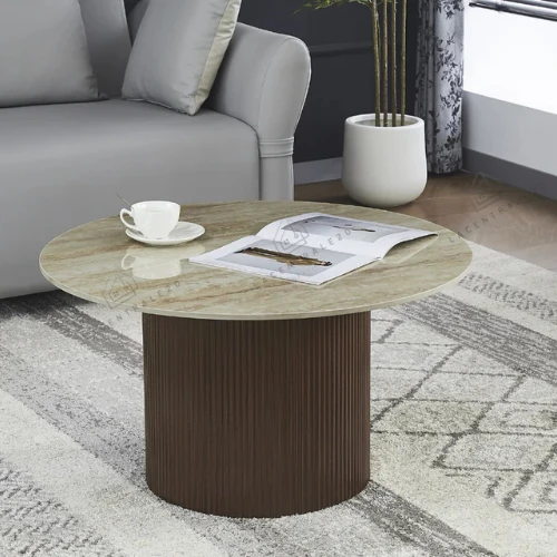 Table basse - Effet travertin et Noyer - Famous