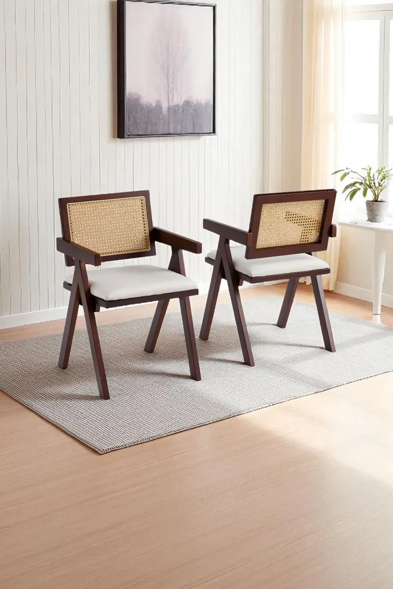 Chaise salle à manger – Effet bois noyer & cannage naturel – Lots de 2/4 - Rotina