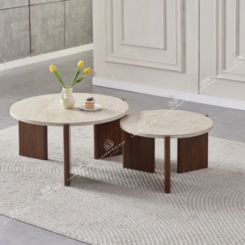Table basse - Effet Travertin et Noyer - Duo Zora