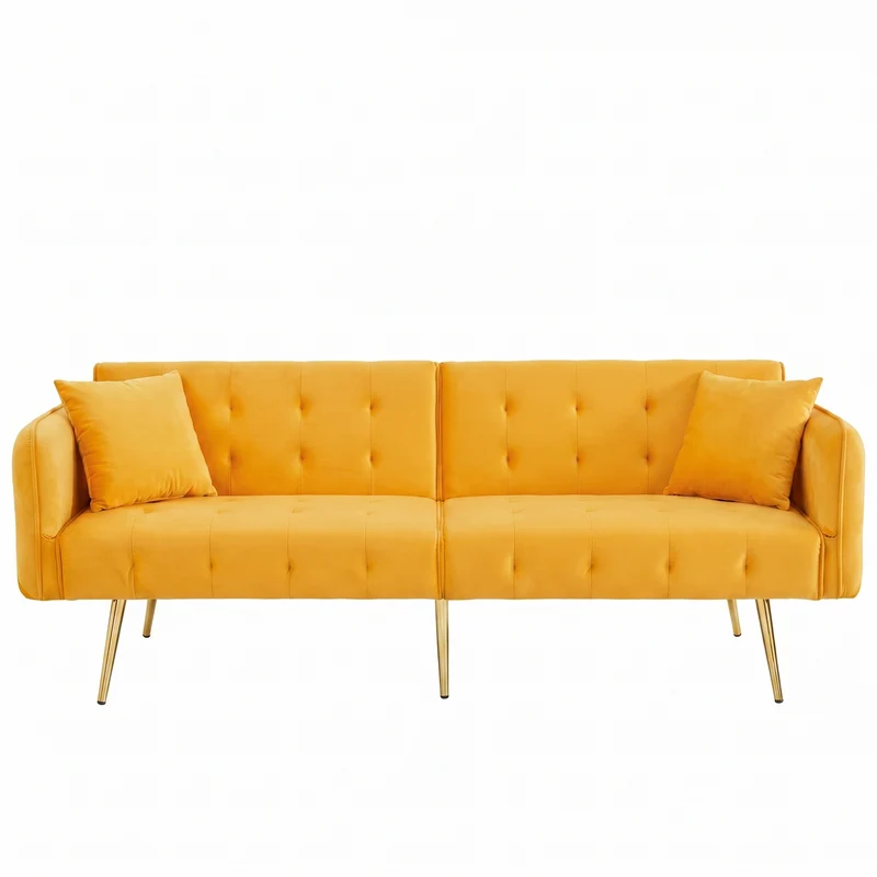 Canapé-lit 2 places convertible en velours jaune 3 positions 2 coussins et pieds métal doré 178x82x70cm MODERNROOMSET