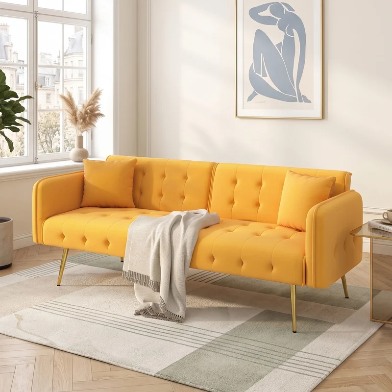 Canapé-lit 2 places convertible en velours jaune 3 positions 2 coussins et pieds métal doré 178x82x70cm MODERNROOMSET