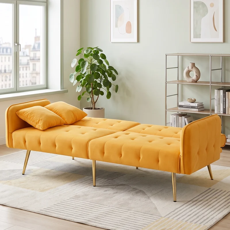 Canapé-lit 2 places convertible en velours jaune 3 positions 2 coussins et pieds métal doré 178x82x70cm MODERNROOMSET