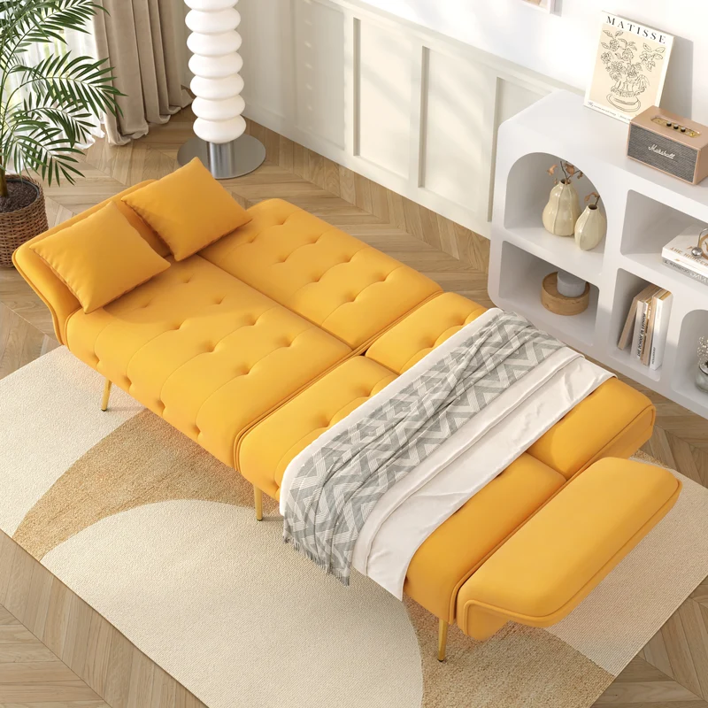 Canapé-lit 2 places convertible en velours jaune 3 positions 2 coussins et pieds métal doré 178x82x70cm MODERNROOMSET