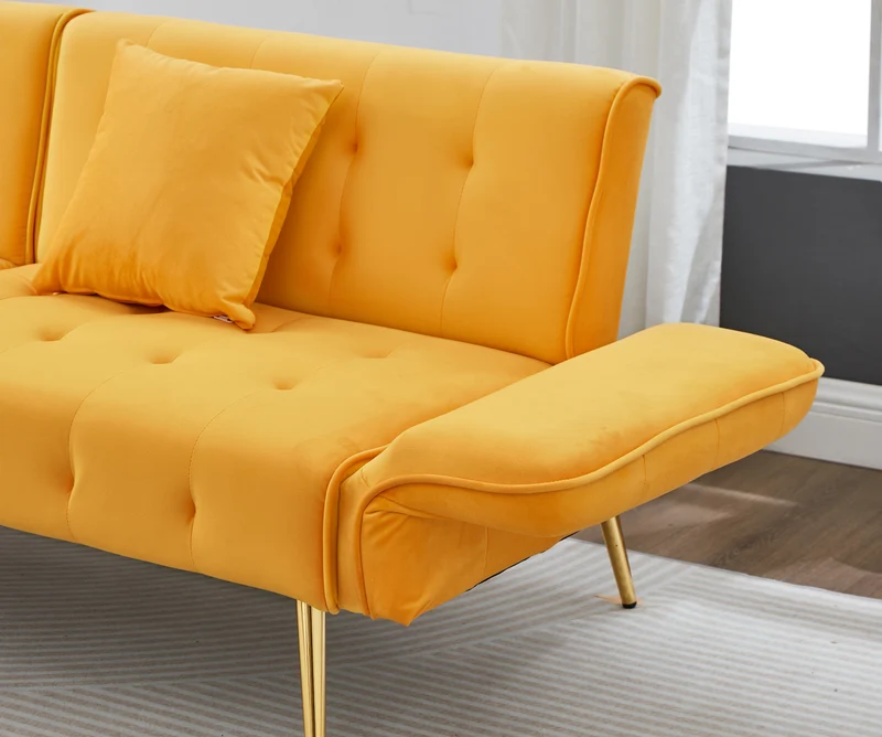 Canapé-lit 2 places convertible en velours jaune 3 positions 2 coussins et pieds métal doré 178x82x70cm MODERNROOMSET
