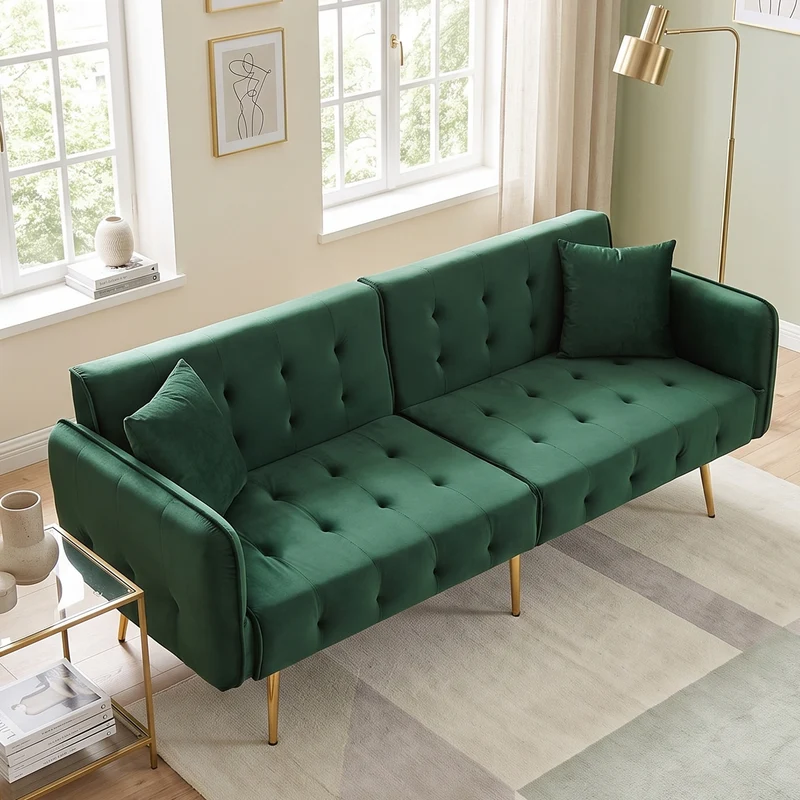 Canapé-lit 2 places convertible en velours vert 3 positions 2 coussins et pieds métal doré 178x82x70cm MODERNRUGART