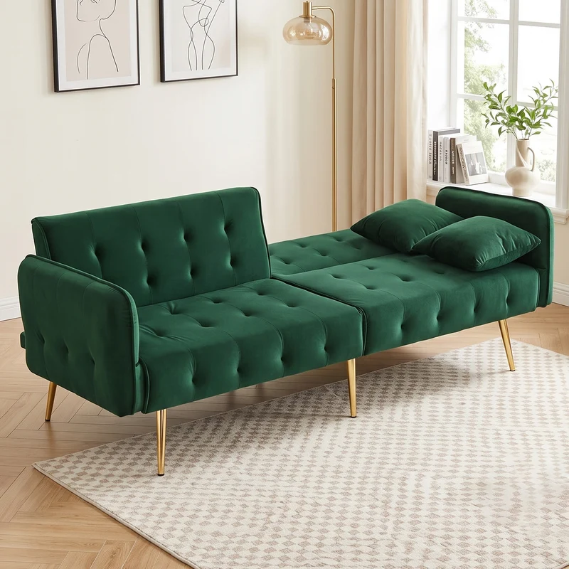 Canapé-lit 2 places convertible en velours vert 3 positions 2 coussins et pieds métal doré 178x82x70cm MODERNRUGART