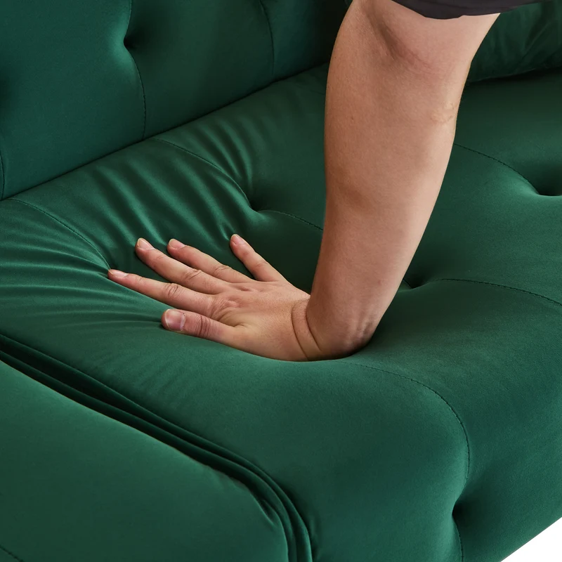 Canapé-lit 2 places convertible en velours vert 3 positions 2 coussins et pieds métal doré 178x82x70cm MODERNRUGART