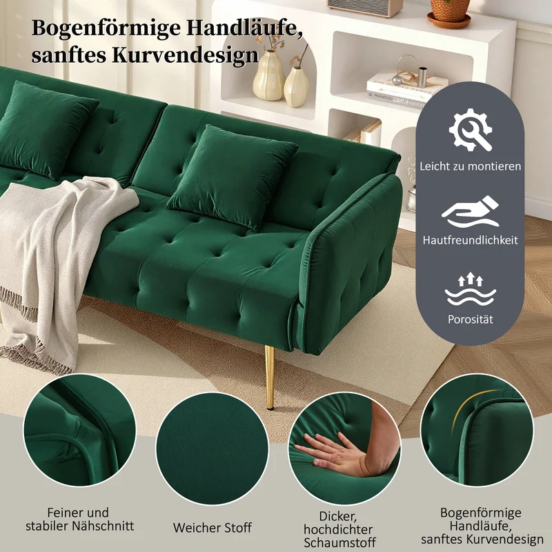 Canapé-lit 2 places convertible en velours vert 3 positions 2 coussins et pieds métal doré 178x82x70cm MODERNRUGART