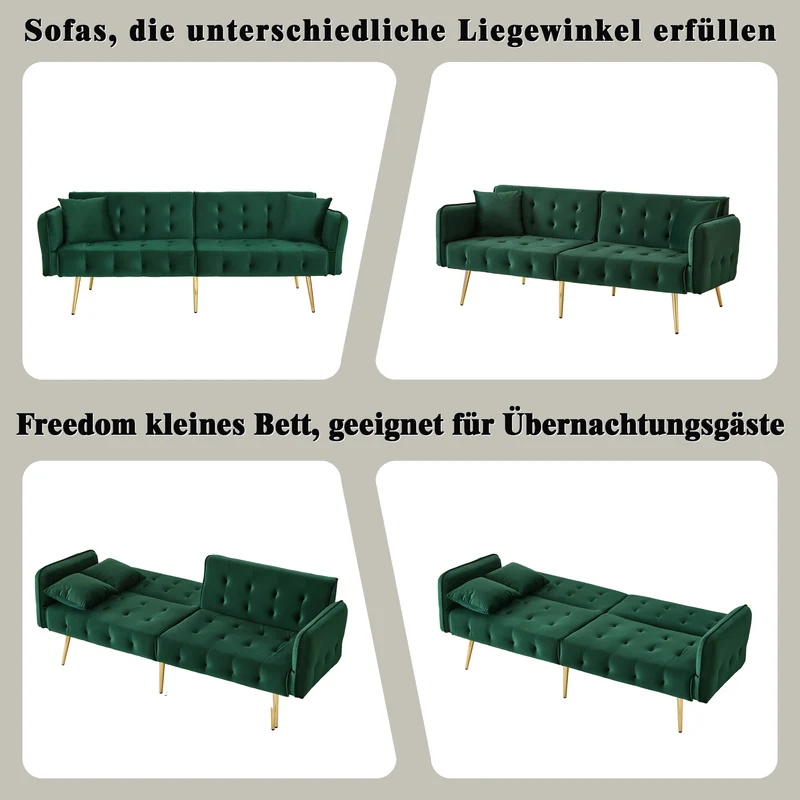 Canapé-lit 2 places convertible en velours vert 3 positions 2 coussins et pieds métal doré 178x82x70cm MODERNRUGART