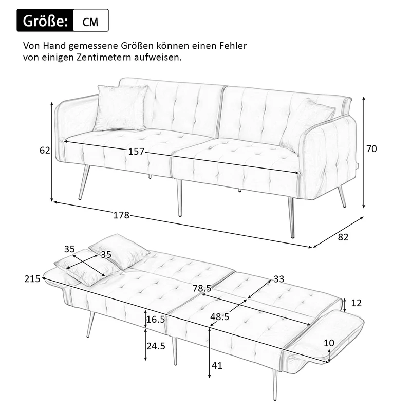 Canapé-lit 2 places convertible en velours vert 3 positions 2 coussins et pieds métal doré 178x82x70cm MODERNRUGART