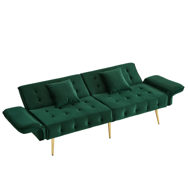 Canapé-lit 2 places convertible en velours vert 3 positions 2 coussins et pieds métal doré 178x82x70cm MODERNRUGART