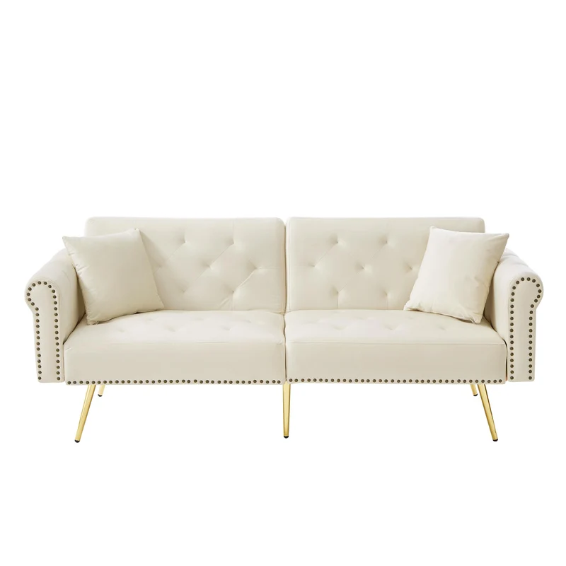 Canapé-lit 2 places convertible en velours beige 3 positions 2 coussins et pieds métal doré 173x75cm MODERNRUGSET