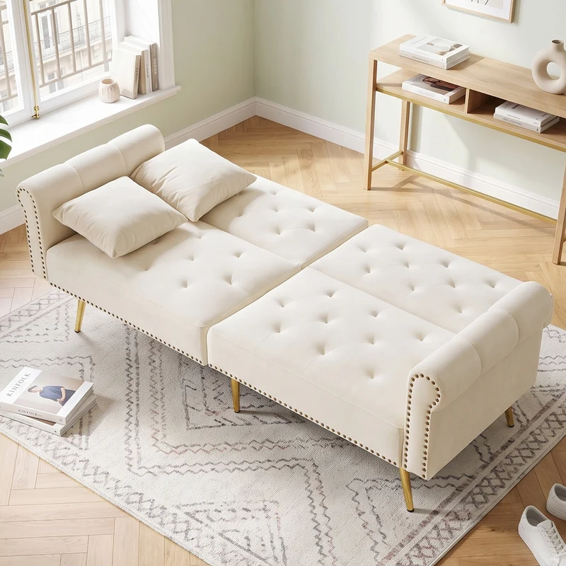 Canapé-lit 2 places convertible en velours beige 3 positions 2 coussins et pieds métal doré 173x75cm MODERNRUGSET