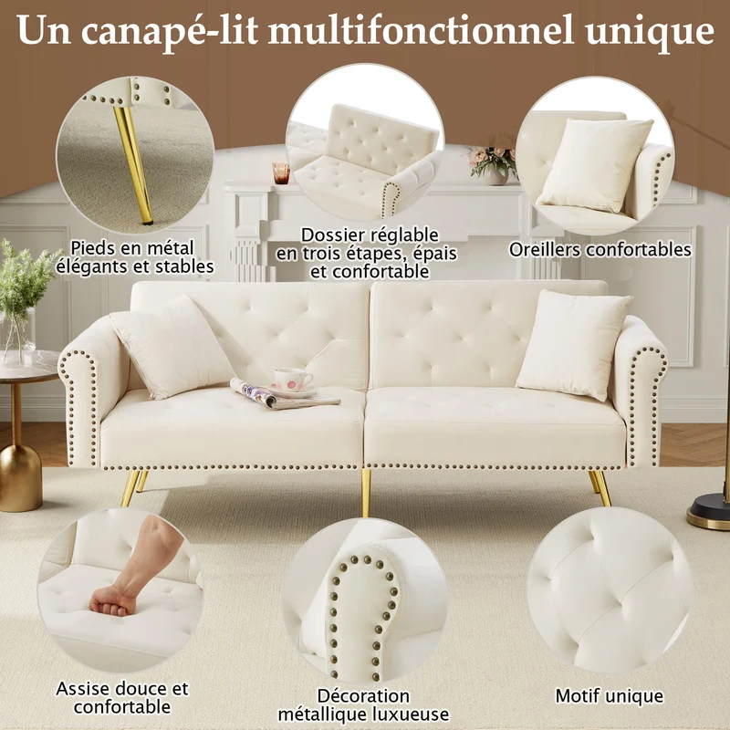Canapé-lit 2 places convertible en velours beige 3 positions 2 coussins et pieds métal doré 173x75cm MODERNRUGSET