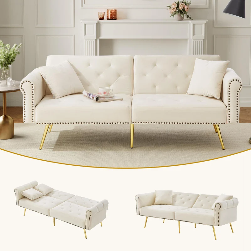 Canapé-lit 2 places convertible en velours beige 3 positions 2 coussins et pieds métal doré 173x75cm MODERNRUGSET