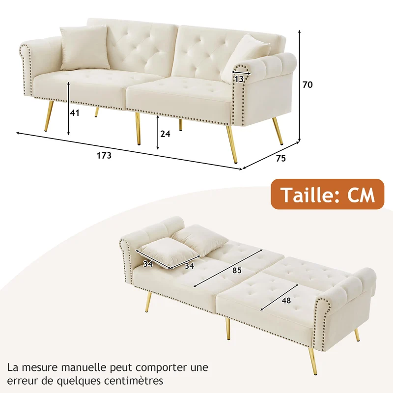 Canapé-lit 2 places convertible en velours beige 3 positions 2 coussins et pieds métal doré 173x75cm MODERNRUGSET