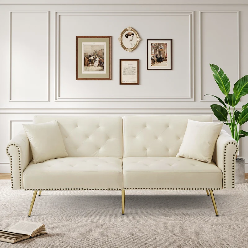 Canapé-lit 2 places convertible en velours beige 3 positions 2 coussins et pieds métal doré 173x75cm MODERNRUGSET