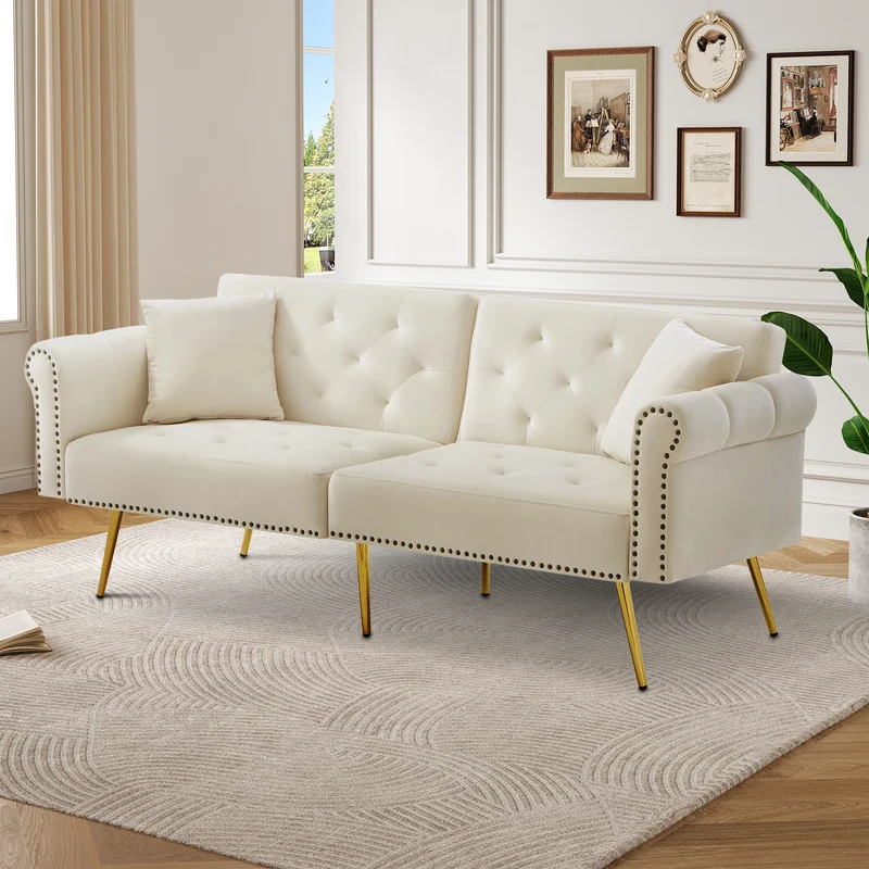 Canapé-lit 2 places convertible en velours beige 3 positions 2 coussins et pieds métal doré 173x75cm MODERNRUGSET