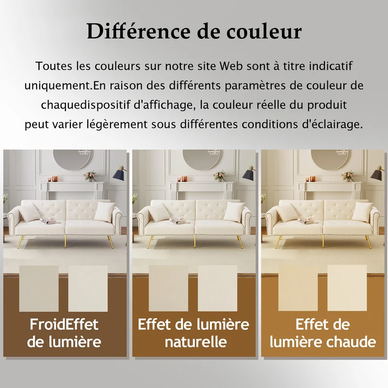 Canapé-lit 2 places convertible en velours beige 3 positions 2 coussins et pieds métal doré 173x75cm MODERNRUGSET