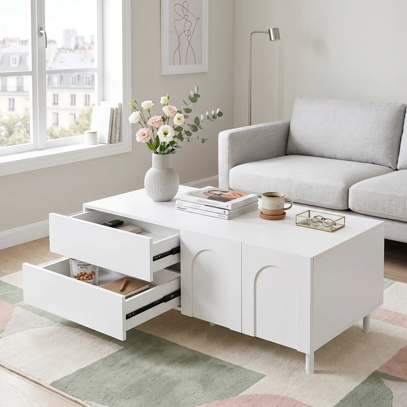 Table basse blanche rectangulaire motif arc 2 tiroirs et 2 portes 100x50cm MODERNDESKSET