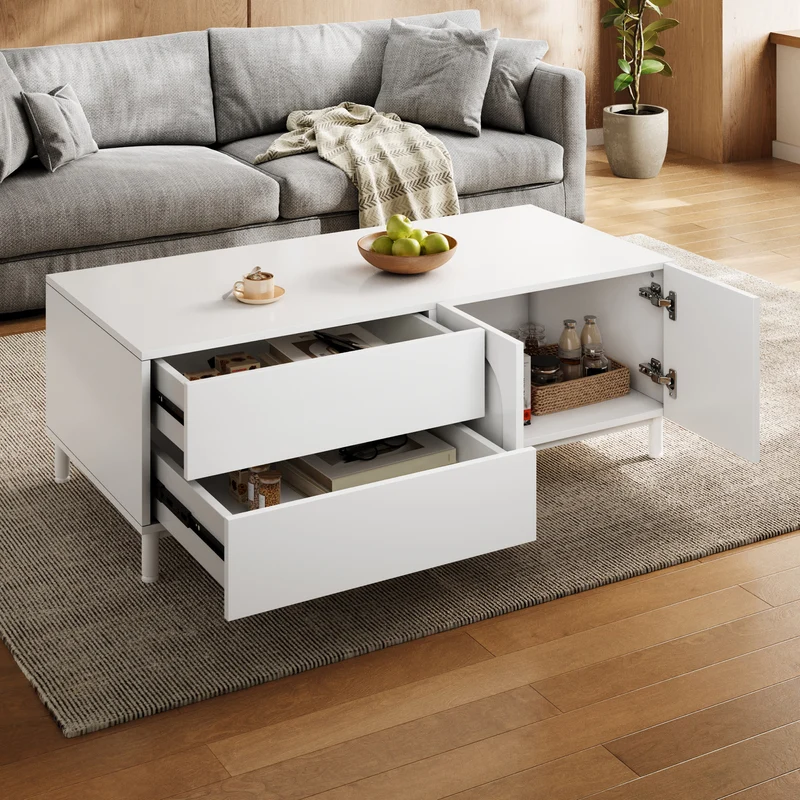 Table basse blanche rectangulaire motif arc 2 tiroirs et 2 portes 100x50cm MODERNDESKSET