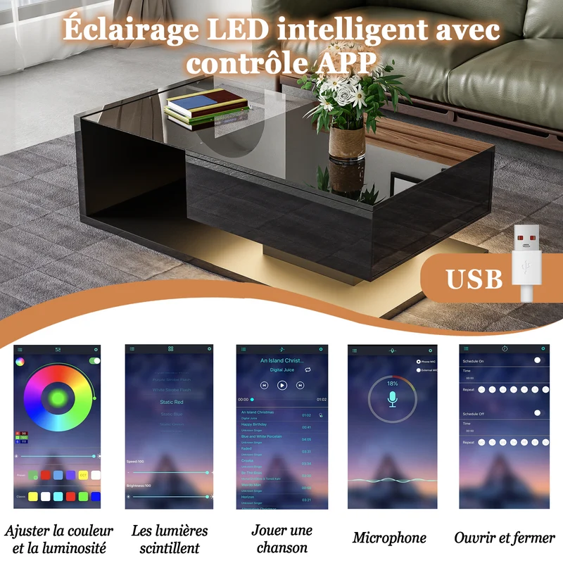 Table basse noire brillante en verre et LED, rangement intégré 105x55 cm MODERNSCREENHOME