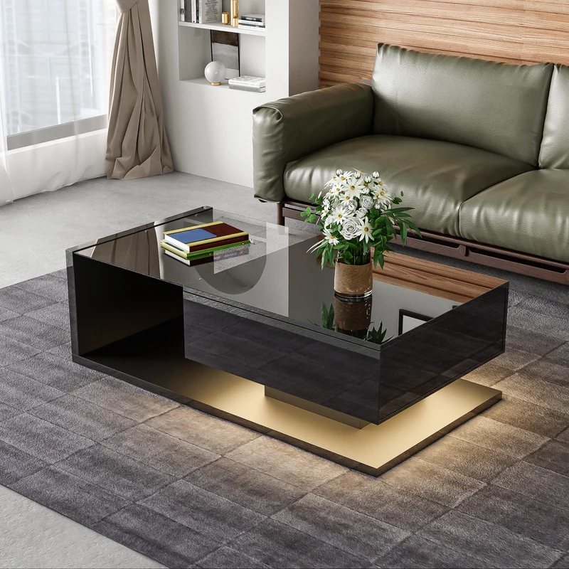 Table basse noire brillante en verre et LED, rangement intégré 105x55 cm MODERNSCREENHOME