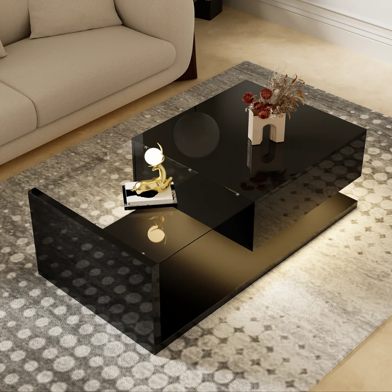 Table basse noire brillante en verre et LED, rangement intégré 105x55 cm MODERNSCREENHOME