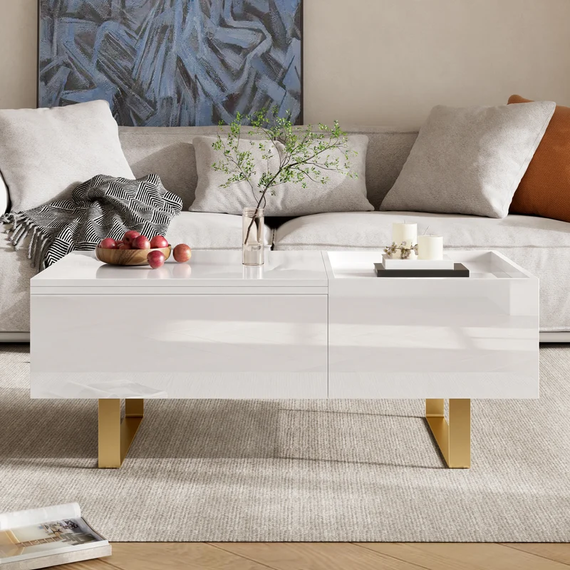 Table basse relevable blanc brillant réglable avec rangement, tiroir et pieds dorés 100x50cm MODERNFLOORSET