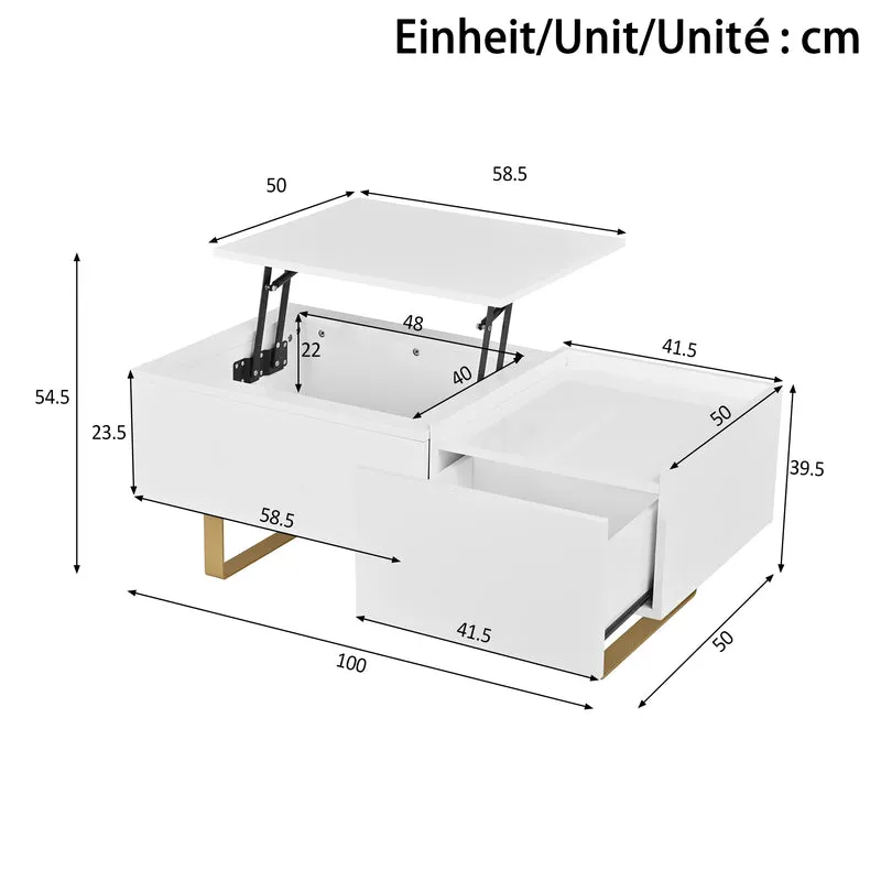 Table basse relevable blanc brillant réglable avec rangement, tiroir et pieds dorés 100x50cm MODERNFLOORSET