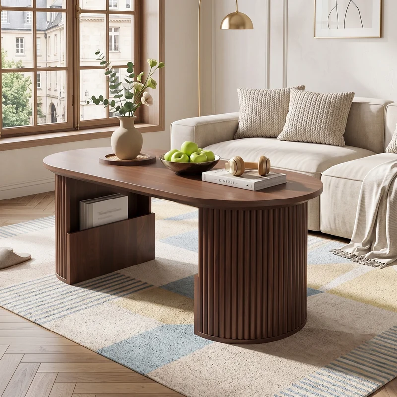 Table basse ovale effet noyer avec rangement tressé 105x50x46,5cm MODERNRACKSET