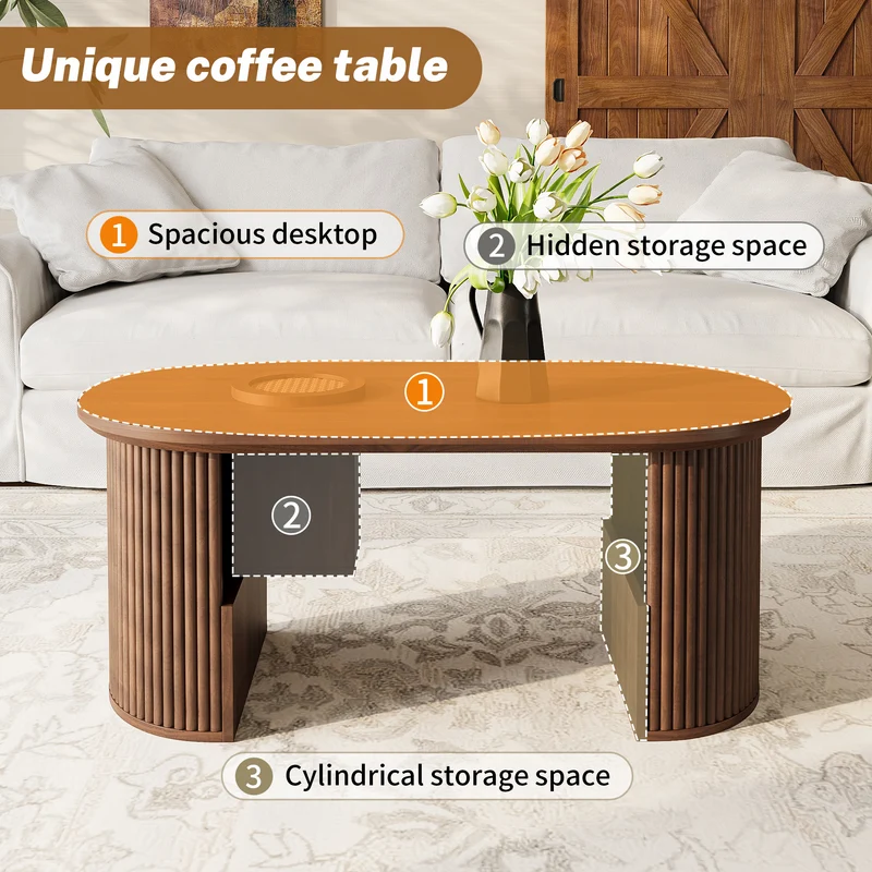 Table basse ovale effet noyer avec rangement tressé 105x50x46,5cm MODERNRACKSET
