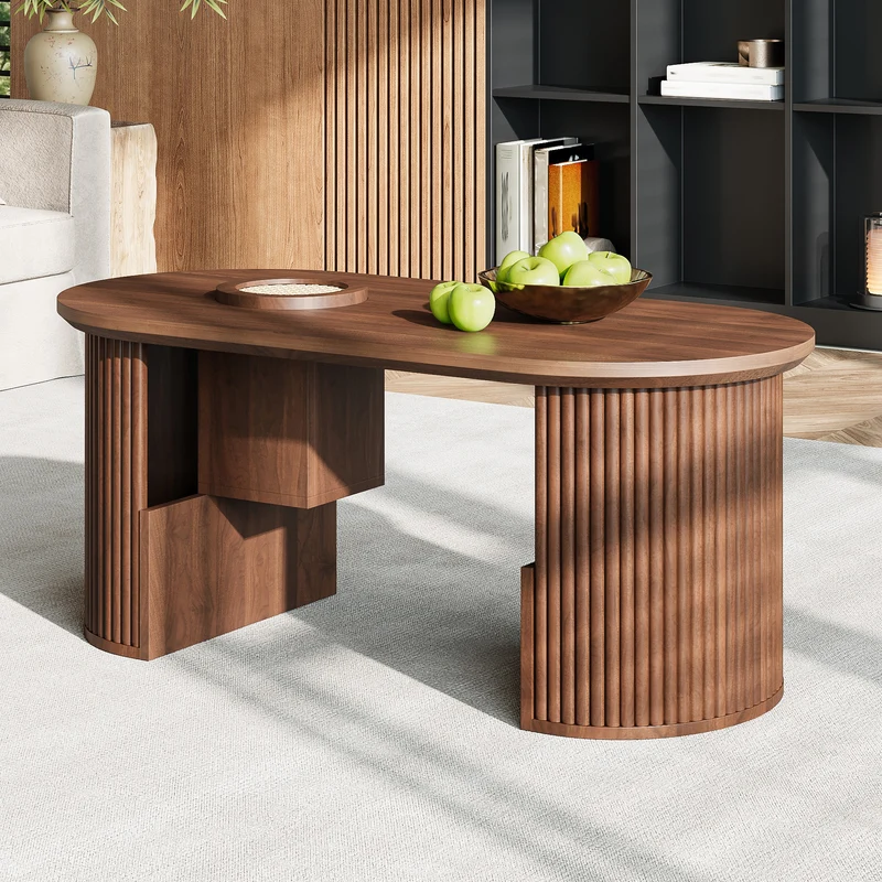 Table basse ovale effet noyer avec rangement tressé 105x50x46,5cm MODERNRACKSET