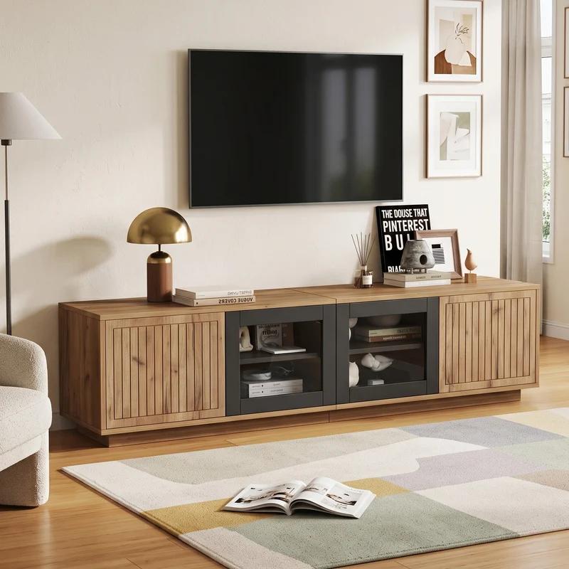Meuble TV effet bois naturel & noir et vitrine avec LED 4 portes MODERNSTOOLHOME