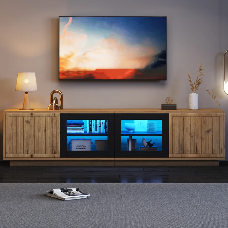Meuble TV effet bois naturel & noir et vitrine avec LED 4 portes MODERNSTOOLHOME